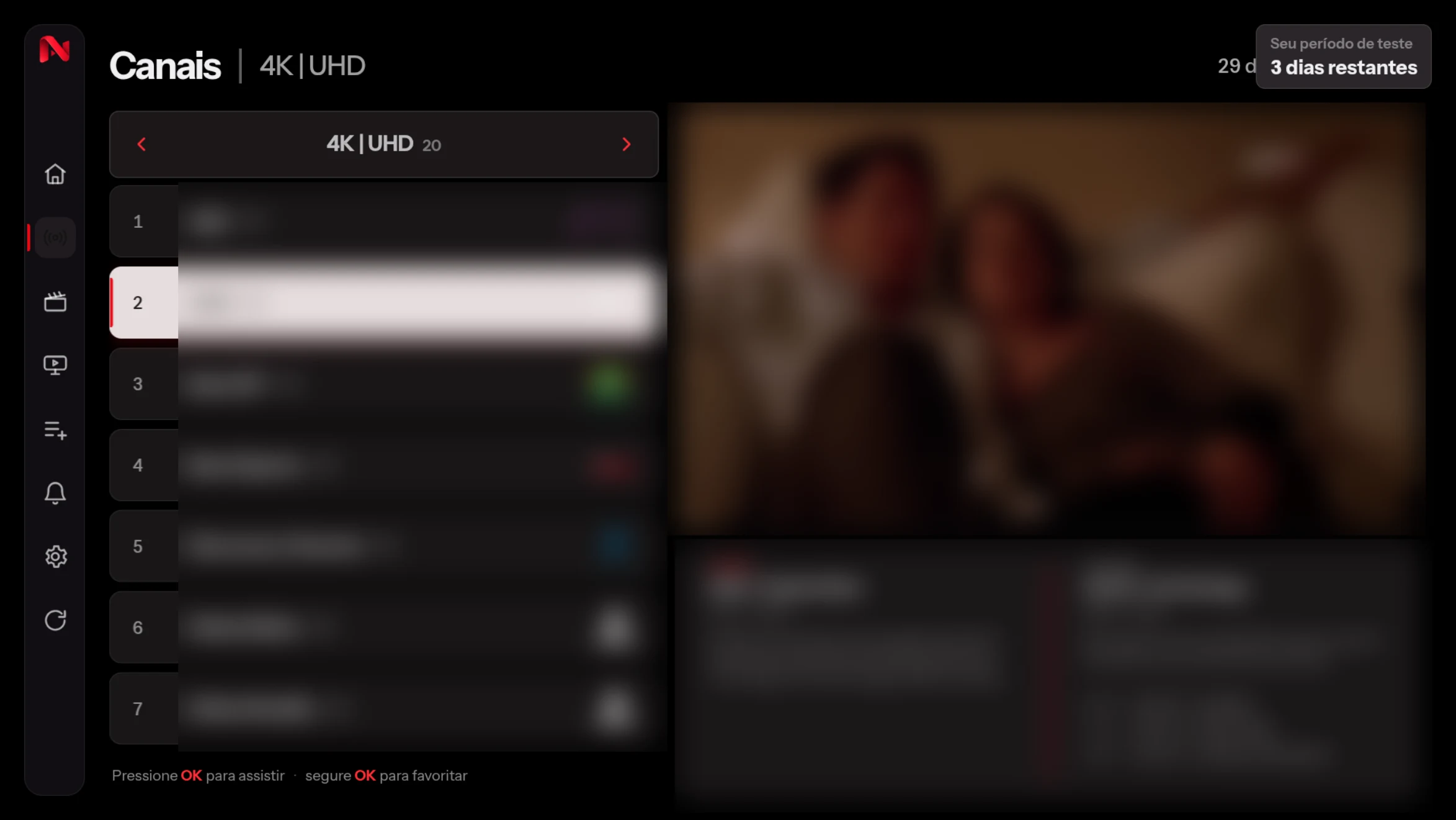 A tela de Canais do NexArt PLAYER: canal ao vivo, guia com o programa de agora e o próximo, e a linha em foco