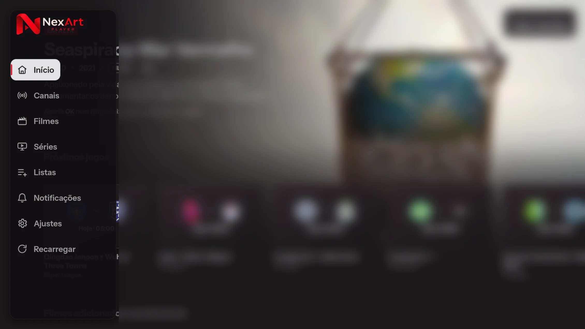 A tela de Início do NexArt PLAYER numa TV, com o menu lateral e a fileira de próximos jogos