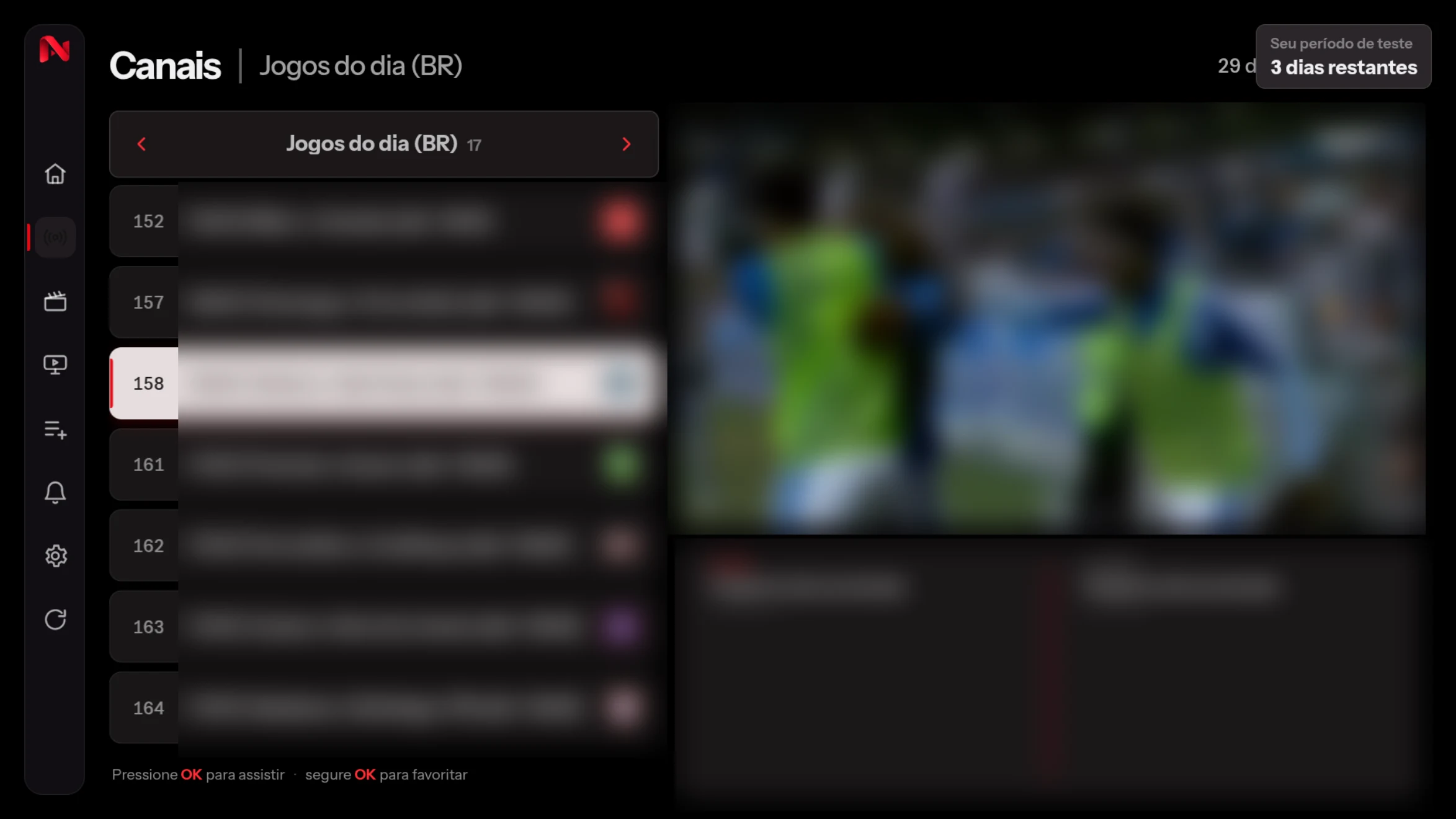 A categoria Jogos do dia no NexArt PLAYER, com a lista de partidas por horário e o jogo em reprodução